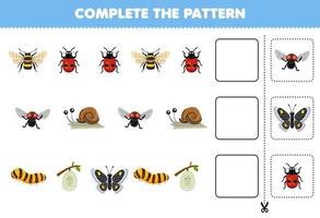 Education game for children complete the pattern of cute cartoon bee ladybug fly snail silkworm cocoon butterfly printable bug worksheet