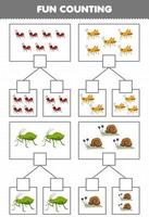 Education game for children fun counting picture in each box of cute cartoon ant grasshopper aphid snail printable bug worksheet vector