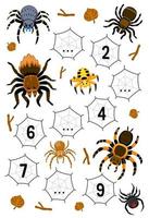 juego educativo para completar la secuencia de números con una linda hoja de trabajo imprimible con una imagen de araña de dibujos animados vector