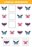 Education game for children logical sequences for kids with cute cartoon butterfly printable bug worksheet vector