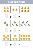 Education game for children fun addition by counting and tracing the number of cute cartoon haystack dan donkey printable farm worksheet vector