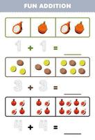 Education game for children fun addition by counting and tracing the number of cute cartoon dragon fruit kiwi pomegranate printable fruit worksheet vector