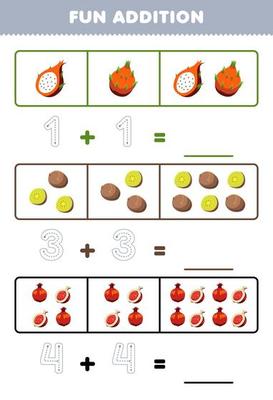 Education game for children fun addition by counting and tracing the number of cute cartoon dragon fruit kiwi pomegranate printable fruit worksheet