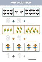 Education game for children fun addition by counting and tracing the number of cute cartoon crow corn scarecrow printable farm worksheet vector
