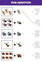 juego educativo para niños divertido contar y agregar un lindo animal de cuerno de dibujos animados más luego elija el número correcto rastreando la hoja de trabajo de línea vector