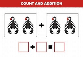 Education game for children fun addition by counting cute cartoon scorpion pictures printable bug worksheet vector