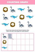 Education game for children count how many cute cartoon plesiosaurus mosasaurus fossil then color the box in the graph printable prehistoric dinosaur worksheet vector