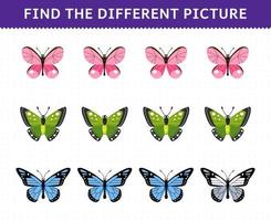 Education game for children find the different picture in each row of cute cartoon butterfly printable bug worksheet vector