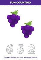 Education game for children count the pictures and color the correct number from cute cartoon grape printable fruit worksheet vector