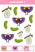 Education game for children searching and counting how many objects of cute cartoon caterpillar butterfly cocoon printable bug worksheet vector