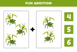 Education game for children fun addition by count and choose the correct answer of cute cartoon green mantis printable bug worksheet vector