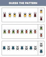 Education game for children guess the pattern each row from cute cartoon beetle printable bug worksheet vector
