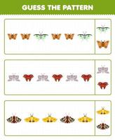 Education game for children guess the pattern each row from cute cartoon moth printable bug worksheet vector