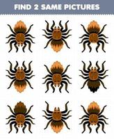 Education game for children find two same pictures of cute cartoon tarantula spider printable bug worksheet vector