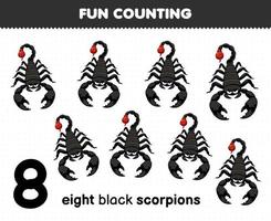 juego educativo para niños diversión contando ocho escorpiones negros hoja de trabajo de error imprimible vector