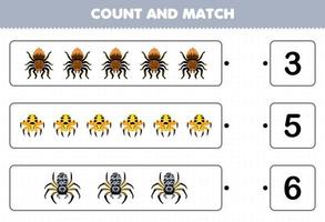 Education game for children count the number of cute cartoon spider and match with the right numbers printable bug worksheet vector