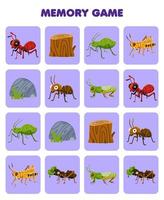 Education game for children memory to find similar pictures of cute cartoon ant aphid grasshopper stone log printable bug worksheet vector