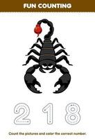 Education game for children count the pictures and color the correct number from cute cartoon scorpion printable bug worksheet vector