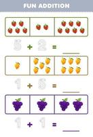 juego educativo para niños divertido además contando y rastreando el número de hoja de trabajo imprimible de fruta de uva de mango de fresa de dibujos animados lindo vector