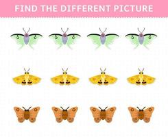 Education game for children find the different picture in each row of cute cartoon moth printable bug worksheet vector