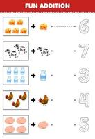 Education game for children fun addition of cartoon cheese cow milk chicken meat then choose the correct number by tracing the line farm worksheet vector