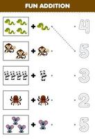 juego educativo para niños divertido contar y agregar un lindo animal de la jungla de dibujos animados más luego elija el número correcto rastreando la hoja de trabajo de línea vector