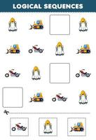 juego educativo para niños secuencias lógicas para niños con linda caricatura nave espacial bulldozer motocicleta hoja de trabajo de transporte imprimible vector