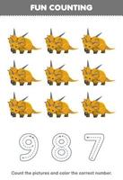 Education game for children count the pictures and color the correct number from cute cartoon xenoceratops printable prehistoric dinosaur worksheet vector