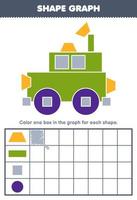 Education game for children count how many shape of trapezoid rectangle square and circle then color the box in the graph printable shapes worksheet vector