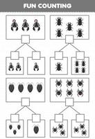 juego educativo para niños diversión contando imagen en cada caja de dibujos animados lindo escorpión escarabajo piojo araña hoja de trabajo de error imprimible vector