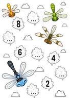 Education game for complete the sequence of number with cute cartoon dragonfly picture printable bug worksheet vector