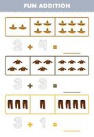 Education game for children fun addition by counting and tracing the number of cute cartoon sombrero hat jacket trouser printable wearable clothes worksheet vector