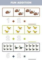 Education game for children fun addition by counting and tracing the number of cute cartoon leptoceratops parasaurolophus printable prehistoric dinosaur worksheet vector