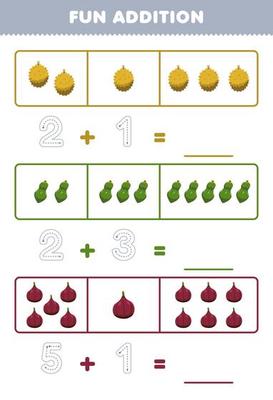 Education game for children fun addition by counting and tracing the number of cute cartoon durian papaya fig printable fruit worksheet
