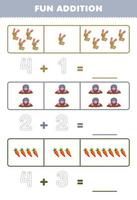 Education game for children fun addition by counting and tracing the number of cute cartoon rabbit mole carrot printable farm worksheet vector