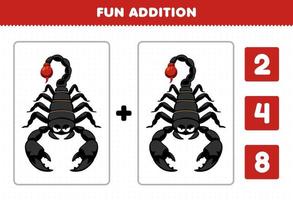 Education game for children fun addition by count and choose the correct answer of cute cartoon scorpion printable bug worksheet vector