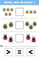 Education game for children more less or equal count the amount of cute cartoon ladybug then cut and glue cut the correct sign bug worksheet vector