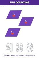 Education game for children count the pictures and color the correct number from cute cartoon parallelogram printable geometric shape worksheet vector