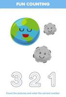 Education game for children count the pictures and color the correct number from cute cartoon earth planet and moon printable solar system worksheet vector