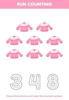 Education game for children count the pictures and color the correct number from cartoon pink blouse printable wearable clothes worksheet vector