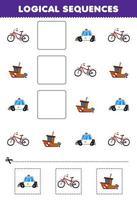 juego educativo para niños secuencias lógicas para niños con dibujos animados lindo bicicleta coche de policía barco hoja de trabajo de transporte imprimible vector