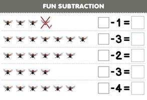 Education game for children fun subtraction by counting cute cartoon fly in each row and eliminating it printable bug worksheet vector