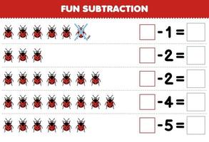 Education game for children fun subtraction by counting cute cartoon ladybug in each row and eliminating it printable bug worksheet vector