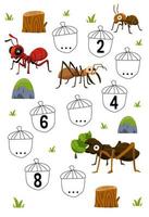 Education game for complete the sequence of number with cute cartoon ant picture printable bug worksheet vector