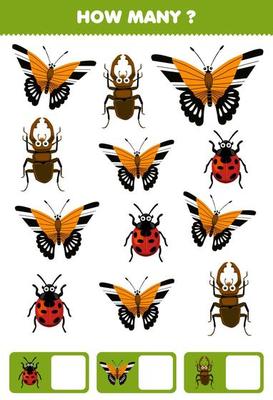 Education game for children searching and counting how many objects of cute cartoon ladybug butterfly beetle printable bug worksheet