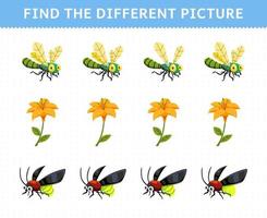 Education game for children find the different picture in each row of cute cartoon dragonfly flower firefly printable bug worksheet vector