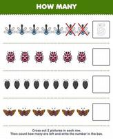 Education game for children count how many cute cartoon dragonfly ladybug louse moth and write the number in the box printable bug worksheet vector