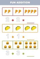 Education game for children fun addition by counting and tracing the number of cute cartoon pizza taco burger printable food worksheet vector