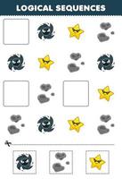 Education game for children logical sequences for kids with cute cartoon black hole star asteroid printable solar system worksheet vector