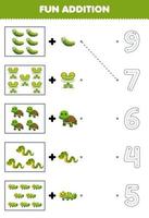 Education game for children fun counting and add one more cute cartoon green animal then choose the correct number by tracing the line worksheet vector